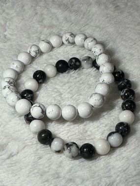 Handmade White Howlite & Black Zebra Jasper Beaded Bracelet Set